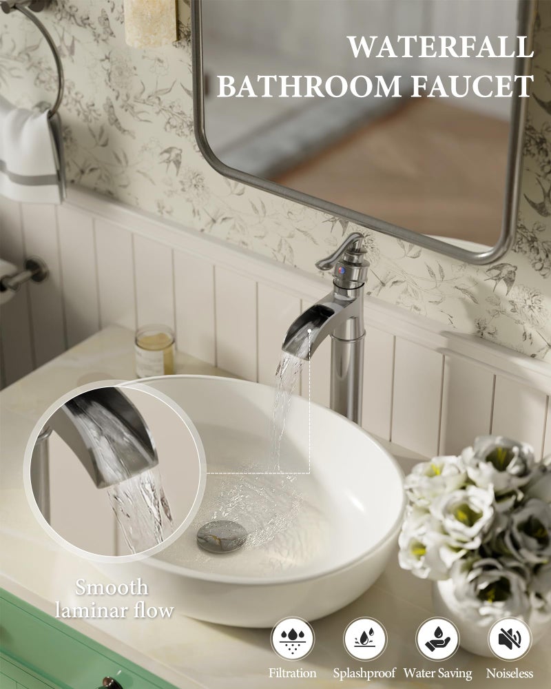 Homevacious Vessel Sink Faucet Tall Bathroom Faucets Waterfall Brushed Nickel Brass Single Handle 1 Hole with Pop Up Drain and Supply Line Farmhouse Lavatory Vanity - Image 2